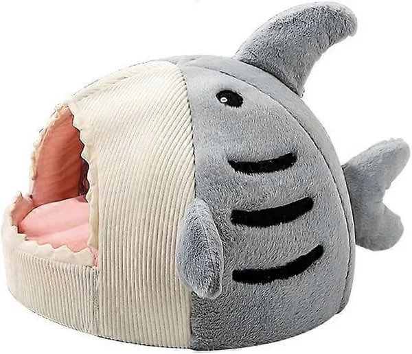 Shark Cat House Cute Pet Cat Bed Warm Soft Cat Nest Dog Bed Kitten Cave Washable Cat Recliner Sofa Bed Comfortable Four Seasons (Grey, M)