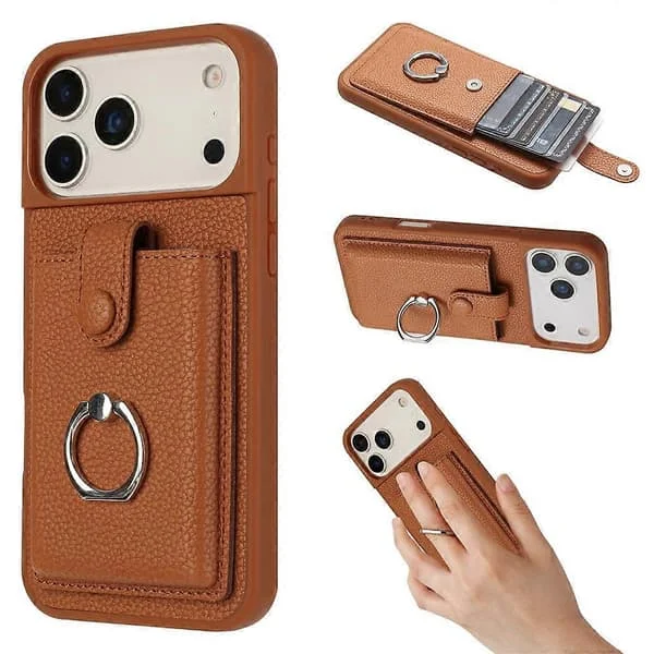 Kompatibel til iPhone 17 Pro Max etui med ringstativ, tegnetype kortpladser, læderbagcover (brun)