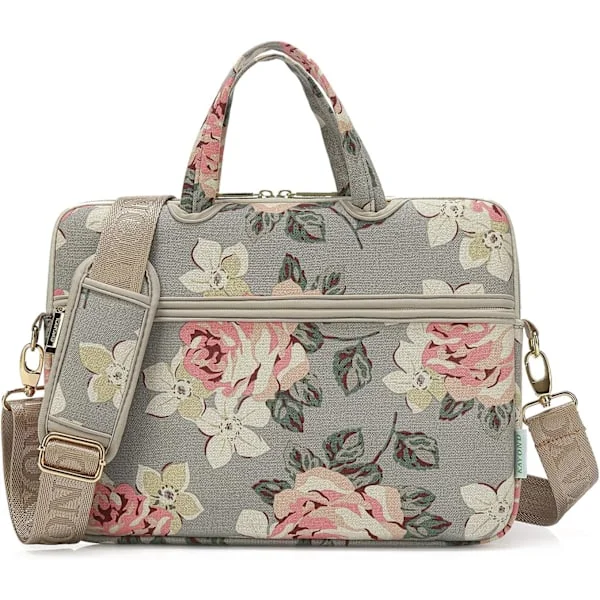 Grå Rosemønster Canvas Laptop Skulderveske Crossbody Bag for 14 Tommers Laptop og Macbook Pro A1707 (14-14.1 Tommer, Grå Rose)
