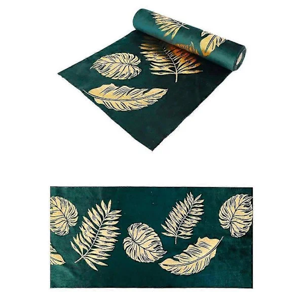 Bordslöpare i grön sammet med gyllene blad, 28 cm x 3 m