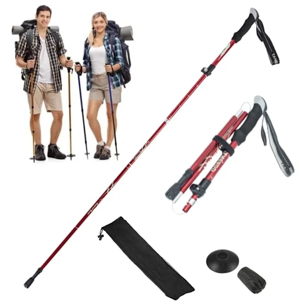 Turstaver 110-130 cm - Lettvektige teleskopiske gåstaver for fotturer og camping, gåstaver - Justerbar høyde - 5 seksjoner 1 stk Rød