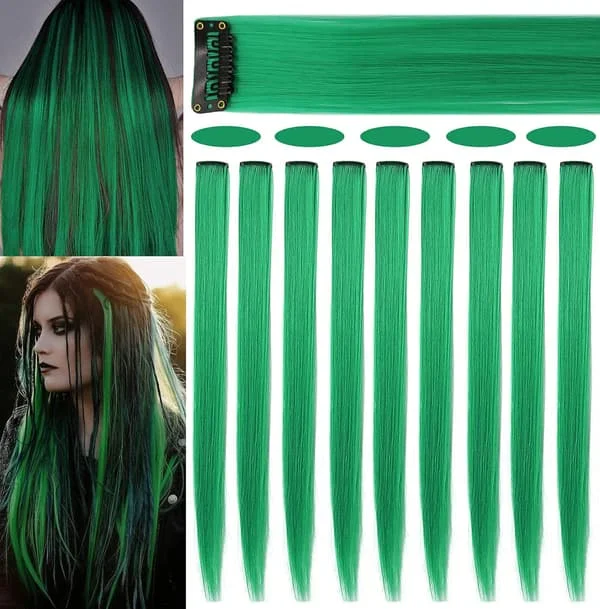 9 stk. 21 " Farvede Clip in Hair Extensions Grønne Hair Extensions til Clip in Grønne Hårclips Hair Extensions til Piger Party Highlights (Grøn)