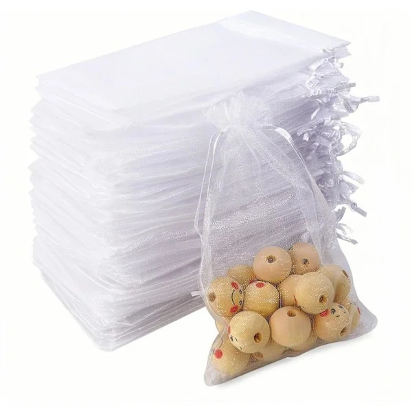 100 st Organzapåsar, 10x15cm Vita Organzapåsar för Smycken, Presentpåsar med Dragsko, Tyllpåse, för Bröllopsdekorationer Smycken