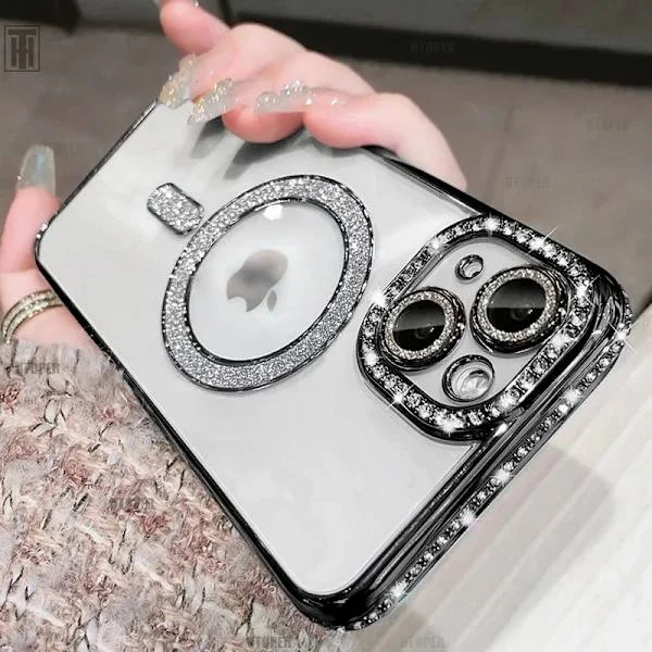 Kristall Diamant Klar Skal för iPhone 17 16 15 14 13 12 11 Pro Max Plus Bling Slät Magsafe Magnetisk Trådlös Laddningsskydd