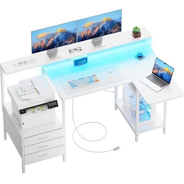 EcoFurnix Bureau gaming vinkel L fällbar 140 cm – Datorbord med tyglåda och skärmstöd – Vit
