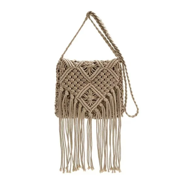 Boho Fringe Messenger Bag, Handwoven Macrame Shoulder Bag, Small Crossbody Bag Satchel, Beach Vacation Straw-Look Handbag with Tassels for Summer and 