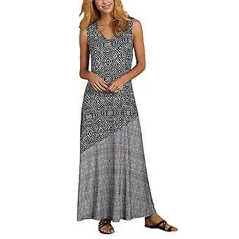 Fianao Women's Dress Vintage Geometric Print V-Neck Sleeveless Dress for Beach (2XL Black)
