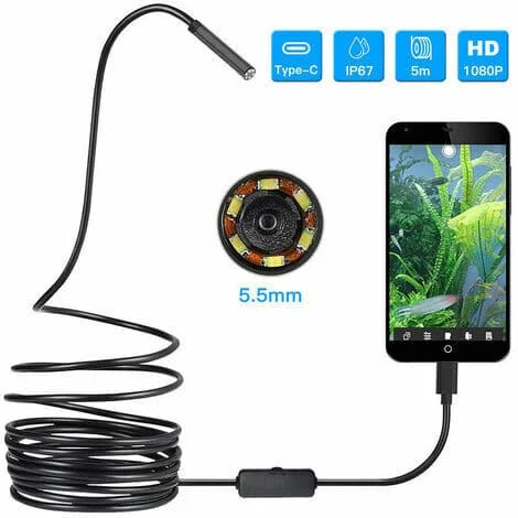 5,5 mm Micro USB Endoskop og Type-C Inspeksjon Slangekamera, Slank Vanntett 3-i-1 USB Endoskop for OTG Android, PC, Windows Laptop, Mac