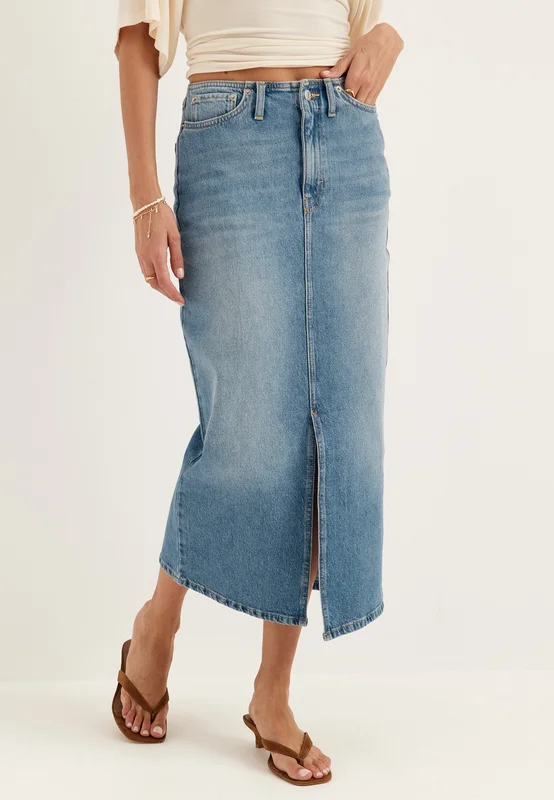 BUBBLEROOM - Denim Midi Skirt - Mellanblå - Jeanskjol Dam