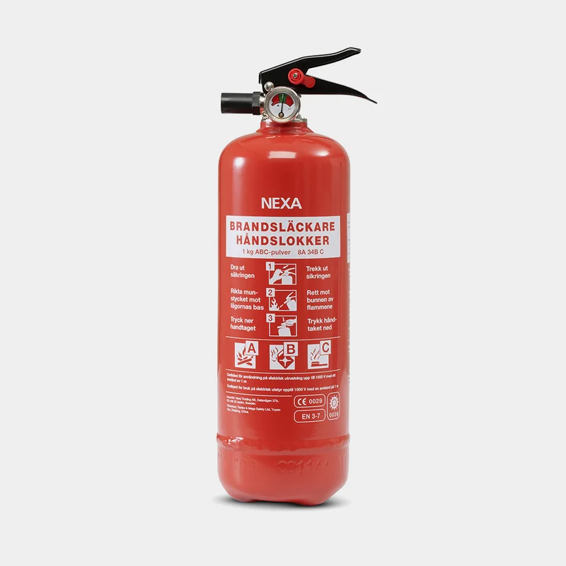 Pulversläckare NEXA, 8A/34B/C, med tryckmätare (manometer), 1 kg, röd + hållare