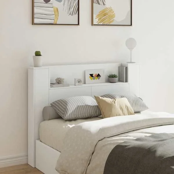vidaXL Sänggavel med LED Vit 140 x 16,5 x 103,5 cm, Modern möbel, rektangulär rygg med hyllor,8006538