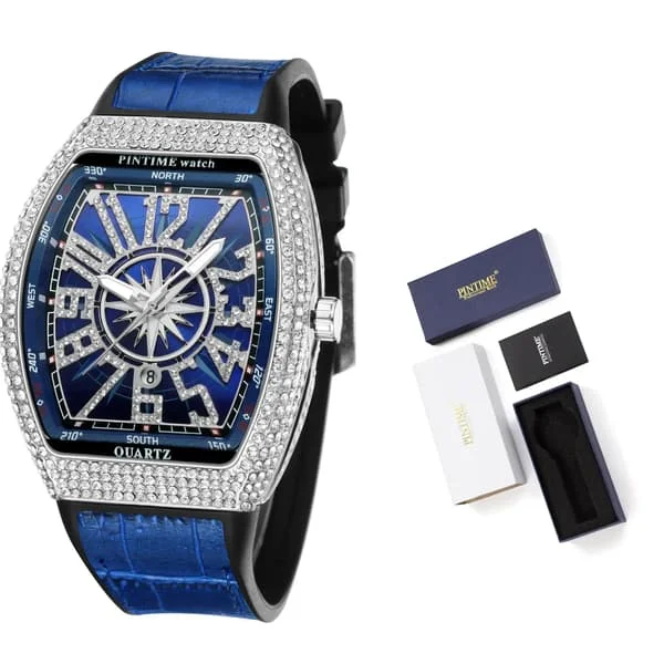 Men's Watch Luxury Diamond Iced Waterproof Quartz Wristwatch Blue Silicone Band Party Casual Dress Watches