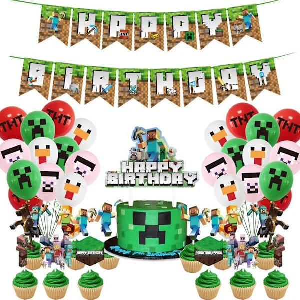 Minecraft Pixel Spel Tema Festtillbehör Set: Dekorativ Banner, Ballonger, Tallrikar, Servetter och Tårtdekoration
