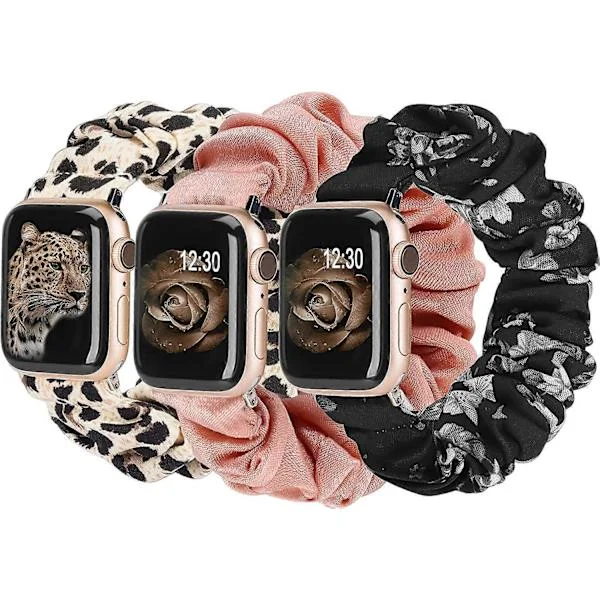 3-pak Kompatible med Apple Watch Armbånd Scrunchies 42mm Stof Blødt Mønstret Trykt Stof Armbånd Armbånd Kvinder IWatch Elastiske Scrunchy Bånd 44mm