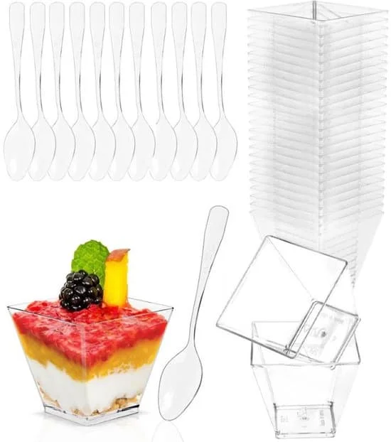 ING 20 st Dessertskålar i Plast med Skedar - 60ml Mini Dessertskålar - transparenta