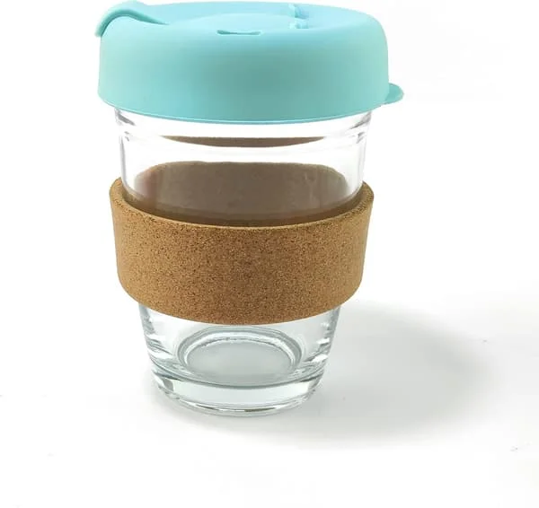 Återanvändbar 350 ml kaffemugg i glas med värmebeständig korkhylsa, korkband, resemugg med lock, 350 ml kaffemugg (blå)