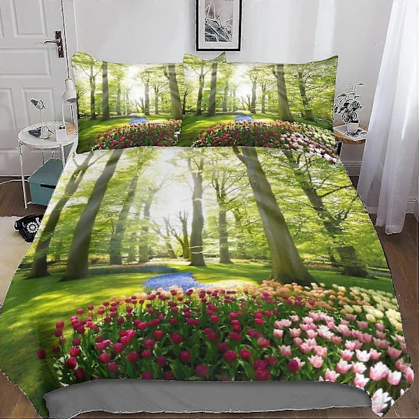 Hageblomster Dynetrekksett 3D-trykt Vendbart Sengeteppe, Fargerike Naturlige Blomster Putetrekk 3-delt Sett med Glidelås Dynetrekk