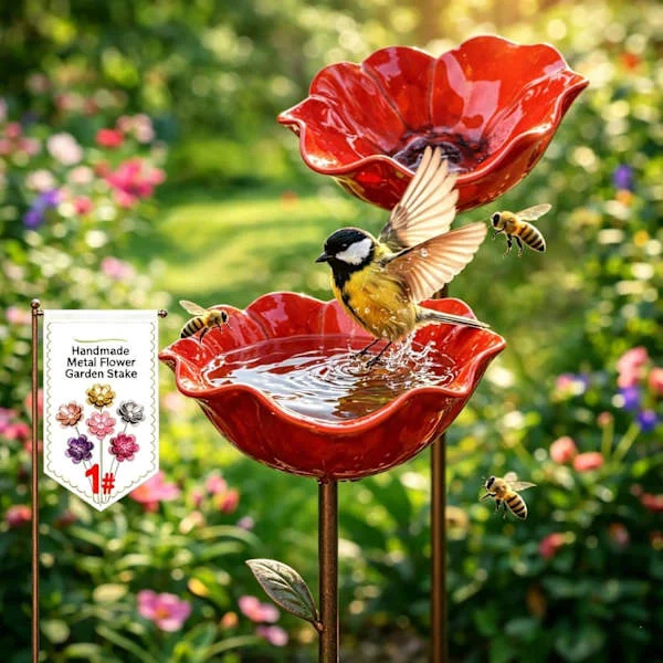 Fågelbadkar i metall med blomtema, handgjorda fågelbadkar för sparvar, köldtåliga fågelbadkar och insektsmatare