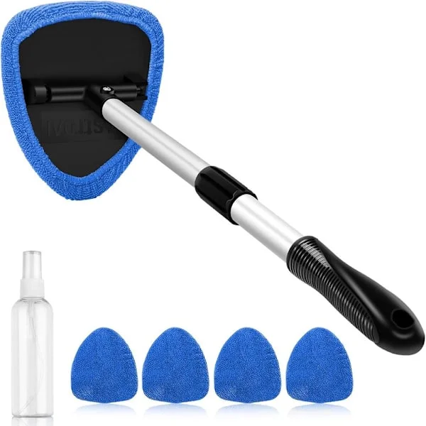 Car Interior Cleaning Kit with Extendable Handle and 4 Reusable Microfiber Pads, Car Window Wiper Brush Kit for Cars, Blue