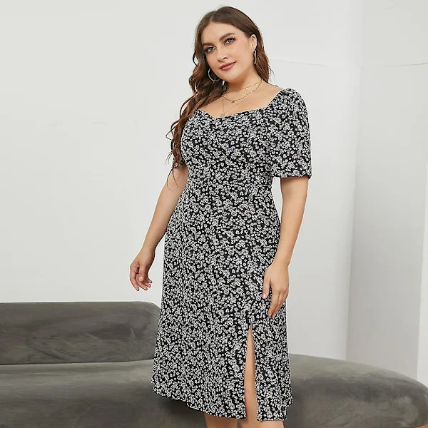 Sommarklänning för kvinnor i stora storlekar, fransk fyrkantig halsringning, slits i midjan, lång blommig klänning Xl-5xl
