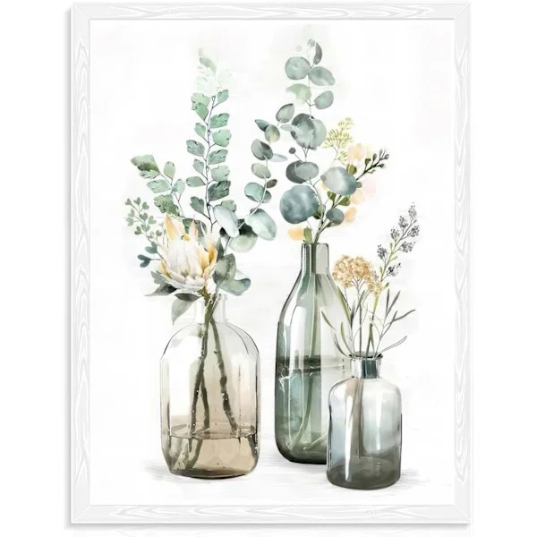 Botanisk väggkonst för badrum, blommiga tryckflaskor och växter väggkonst för sovrum, vardagsrum, lantlig stil, 30x40 cm, Oinramad