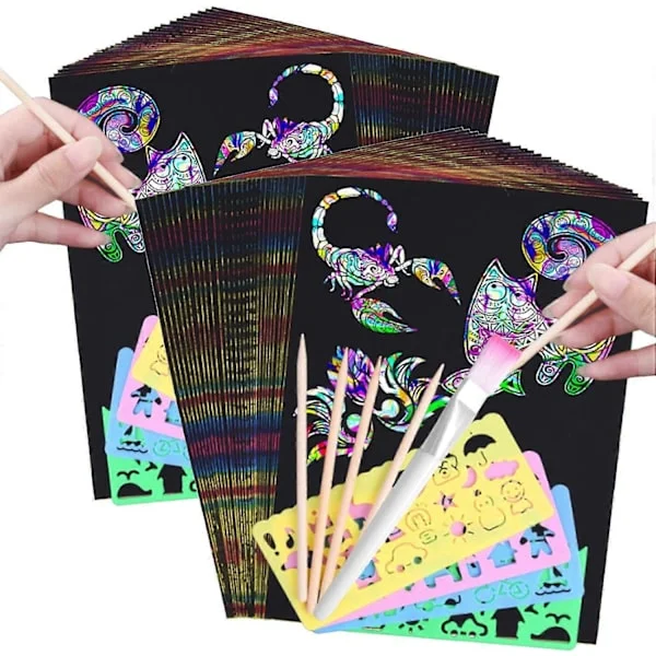 [LCS] 100 Pcs Scratch Painting for Kids Rainbow Scratch Art Paper Scratch Art Rainbow Scratch Sheet Black Scratch Paper Scratch Board Drawing Pad, 