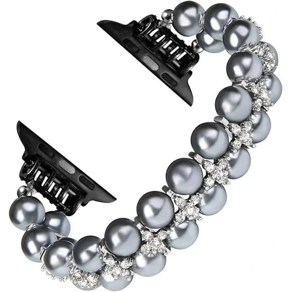 Perlearmbånd Kompatibelt med Apple Watch-reim Dame 42/44/45mm, Kunstig Elastisk Stretch Bling Diamantsmykker Armbånd Erstatningsreim