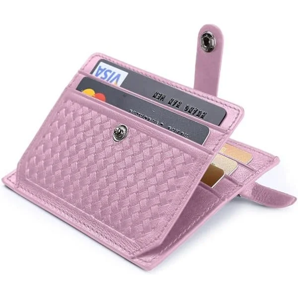Card Holder, Pink Bifold Wallet Genuine Leather, RFID NFC Blocking with Covered Button Coin Pocket for Women #1 Rose