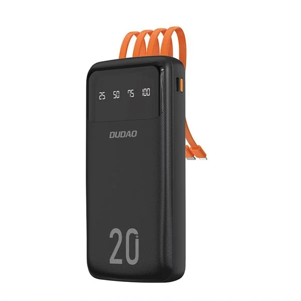 Dudao K6Pro+ 20000mAh powerbank med 3 kabler: USB-C, micro USB, Lightning, svart