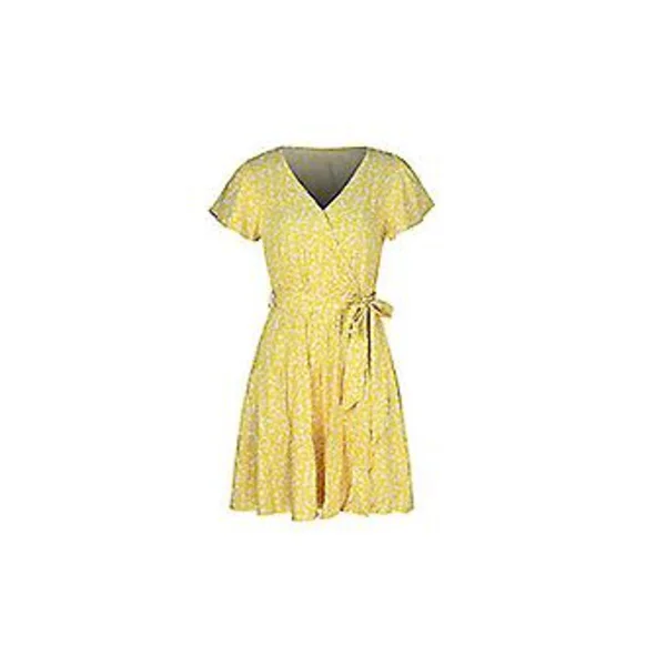 Blomstrete V-hals Mini Kjole Sexy Omslagskjole Dame Lett Kort Ermet Sommerkjole (M Gul)