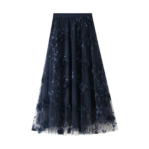 Women's Skirt Mid-length Floral High Waist A-line Cute Layered Fairy Mesh Tulle Pleated Skirt Navy Blue