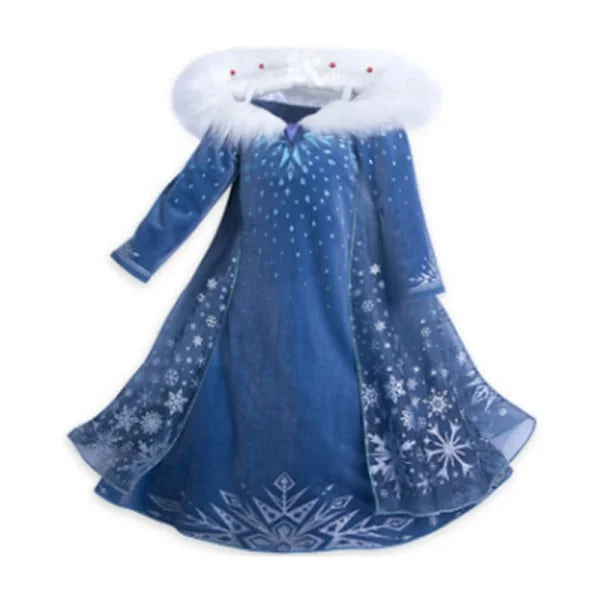 Barn Frozen Drottning Elsa Prinsessa Cosplay Kostym Flickor Fuskpäls Krage Kappa Klänning - Mörkblå 5-6 År
