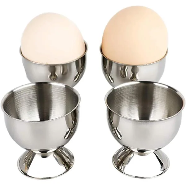 4 stk. eggeglass, eggebrett i rustfritt stål, eggebrett, eggeglass, and