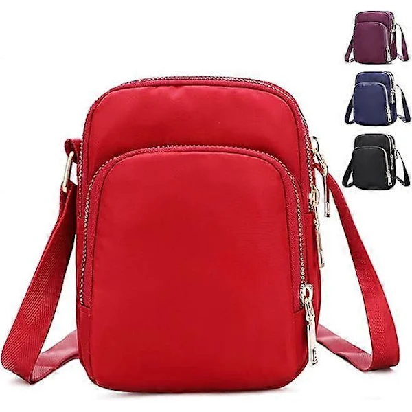 1 st Crossbody Mobilväska Dam, Nylon Plånbok Axelväska, 3 Lager Dragkedja Mobiltelefonväska med Justerbar Rem.