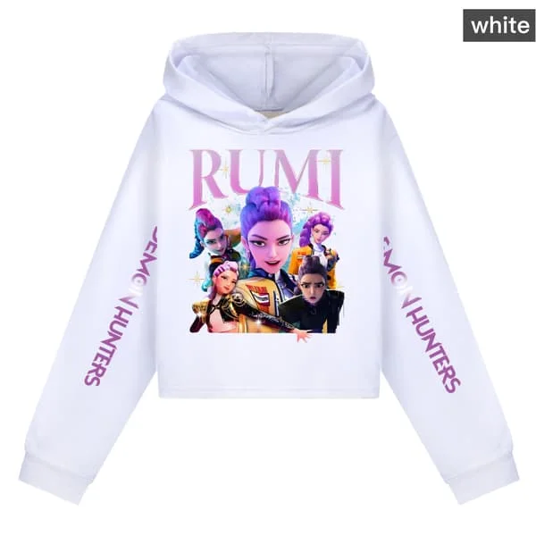 K-Pop Demon Hunter Girls Cropped Hoodie with Printed Sleeves White XX-FF- White XX[TT]