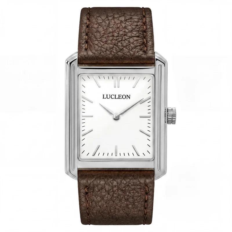 Legacy | Retro Squared Silver-tone Watch with White Dial and Dark Brown Leather Strap for Men - Wrist watches