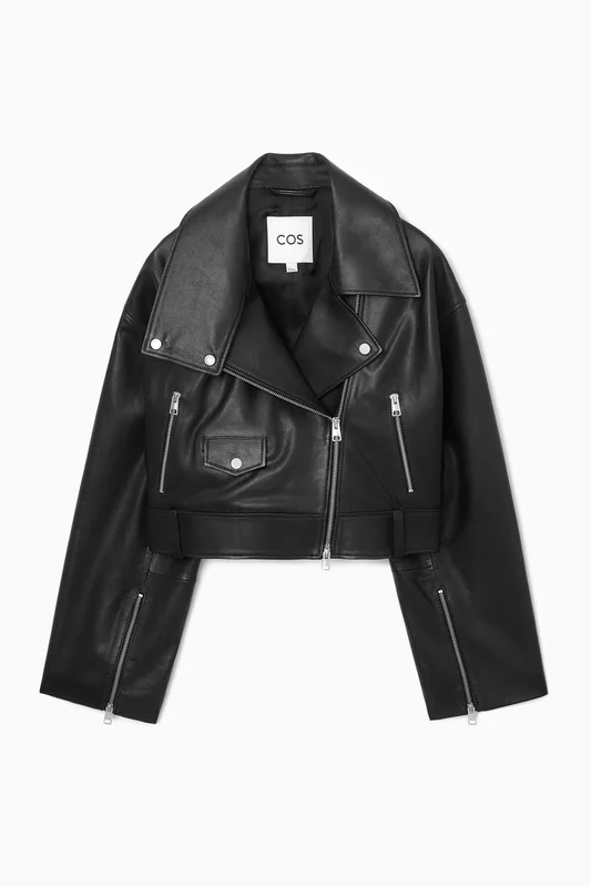 COS Women's Oversized Cropped Leather Biker Jacket in Black