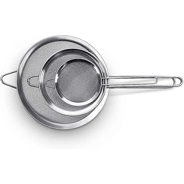 Stainless Steel Mesh Strainer with Sturdy Handle for Tea, Coffee, Juice - Steel Colanders & Sieves - No Sharp Edges & Reinforced Frame, 3 Pcs