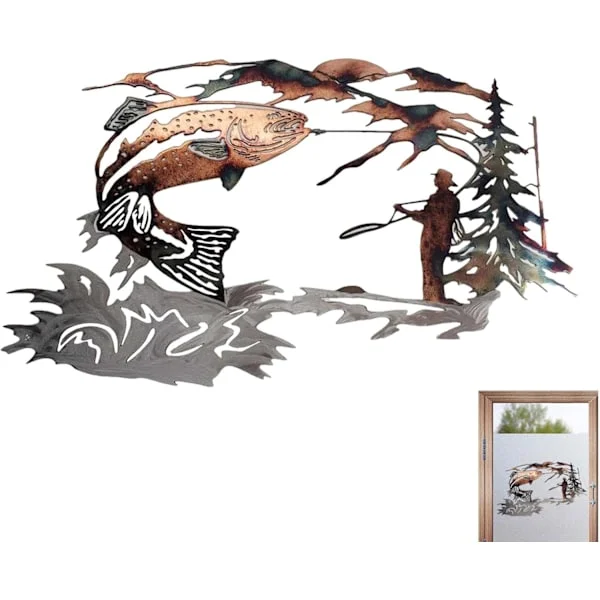 Fisker Fiskeri Vægdekoration, Fiskeri Boligindretning - Vægdekoration, Metal Vægkunst Skulptur, Ørredfiskeri Vægdekoration