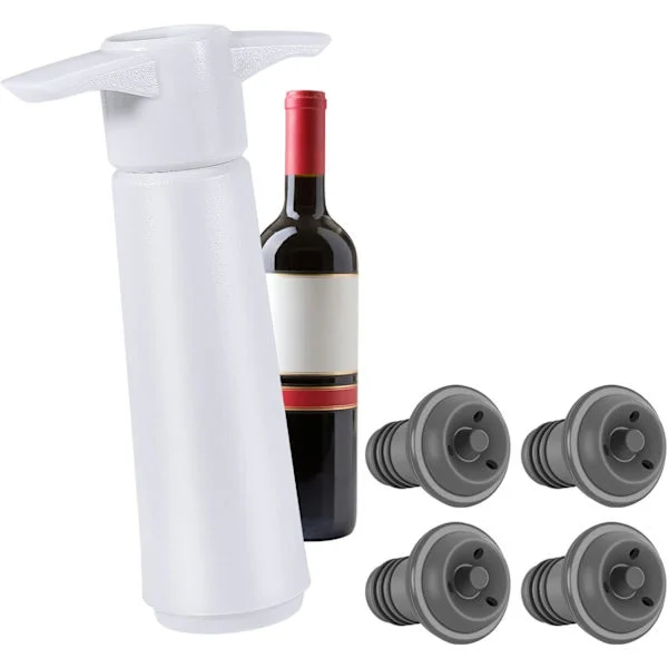 Vinsaver med 4 stk. vakuumvinpropper, genanvendelig vinholder til frisk vin (1 x vinbevarer 4 x vinprop) hvid