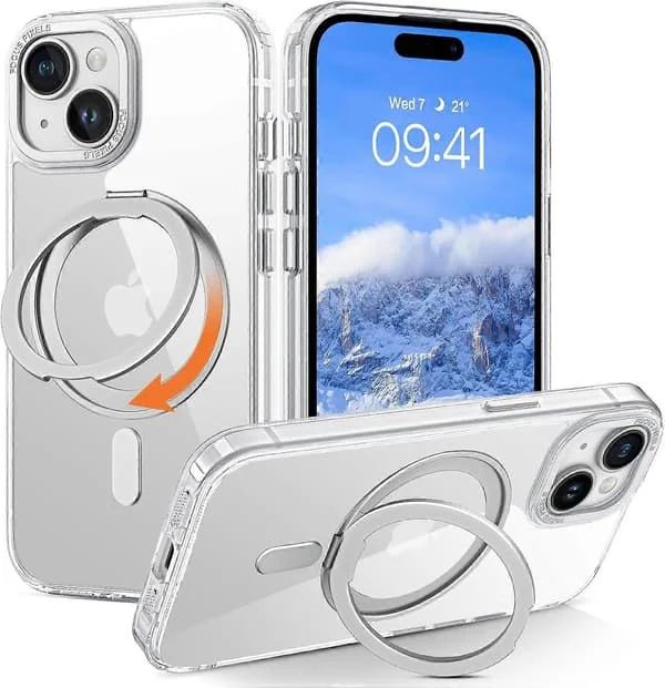 iPhone 15 Skal för MagSafe med Stöd Klar Trådlös Lättvikt Tunn TPU Stötfångare PC Skal Fodral Mobiltelefon Skal för 6,1 Tum Transparent