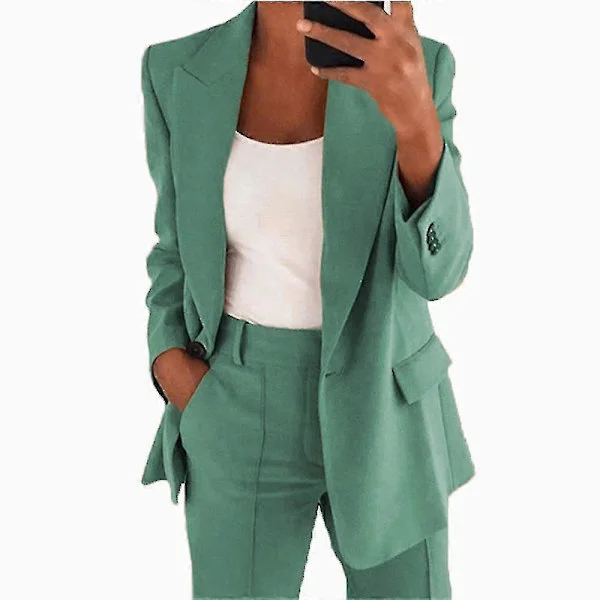 [RM] Women's 2-Piece Suit - Blazer Set Elegant Business Workwear Vintage Classic Solid Color Ruched Sleeve Open Front Suit Jacket and Straight Leg 