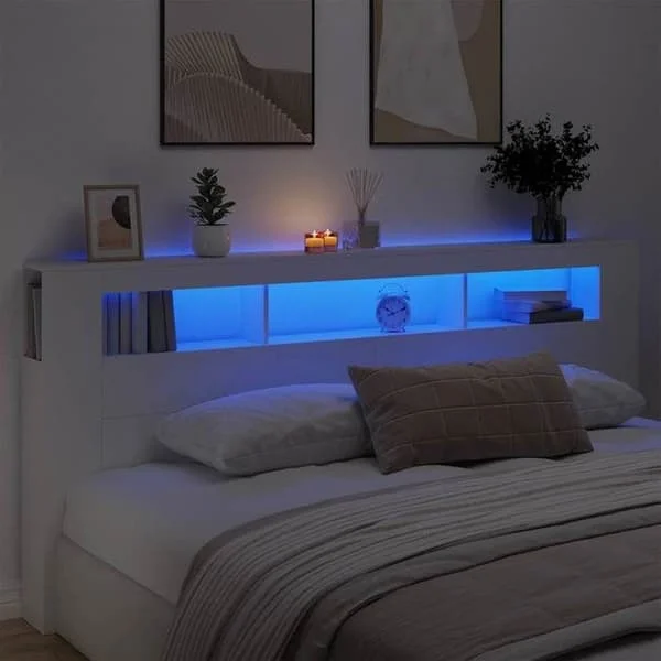 vidaXL LED-sänggavel, panel med förvaring, sängtillbehör, sänggavel för sovrum, vit 220x18,5x103,5 cm 837372