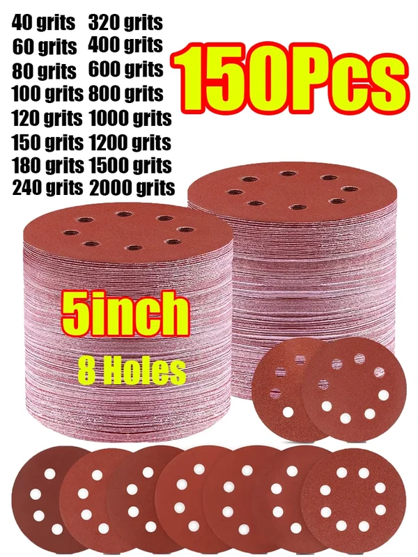 AliExpress - 1-150 Stück 5 Zoll 8-Loch Schleifpapier 125mm Runde Lochschleifscheiben mit Klettverschluss 40-2000 Körnung für Exzenterschleifer 