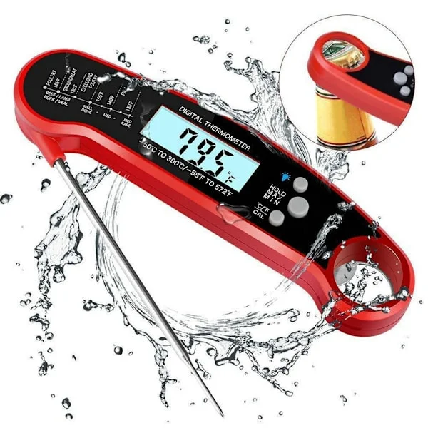 Matlagningstermometer, Digital Direktavläsning Mat Termometer Kötttermometer Kökstermometer med Vikbar Sond (Röd)