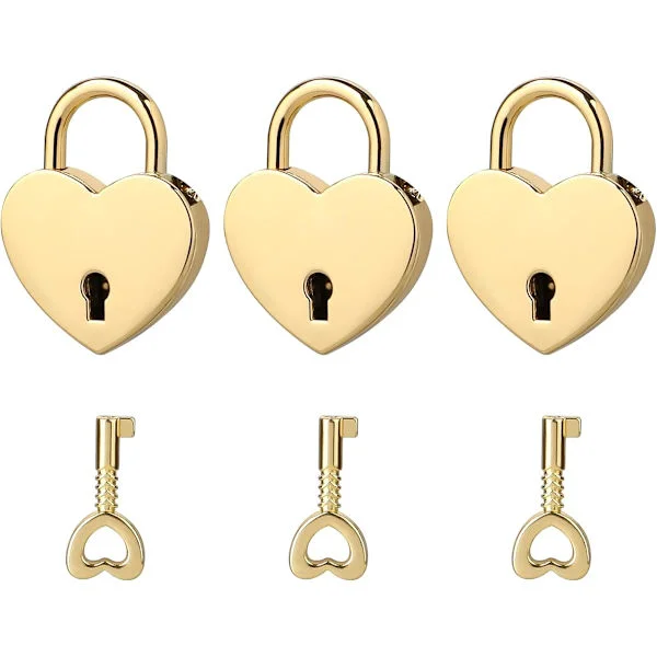 3-pack Mini Heart Shaped Padlock with Key, Heart Lock for Notebook, Small Gold Metal Lock for Necklace, Diary, Jewelry Box, Storage Box