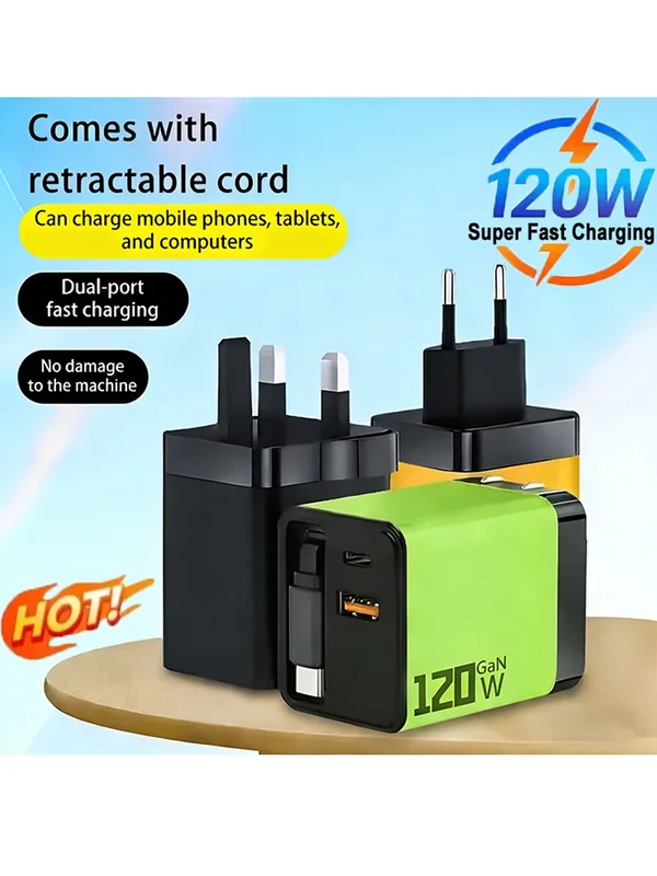 AliExpress - 3-in-1 120W GaN-Ladegerät USB Typ C Schnellladegerät mit einziehbarem USB-C-Kabel und Netzstecker für iPhone und Huawei
