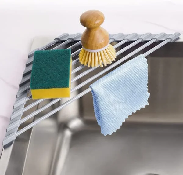 Small Triangular Foldable Dish Drying Rack with Silicone Coating, Stainless Steel Frame for Sink Corner, Multifunctional Drainer (Grey)