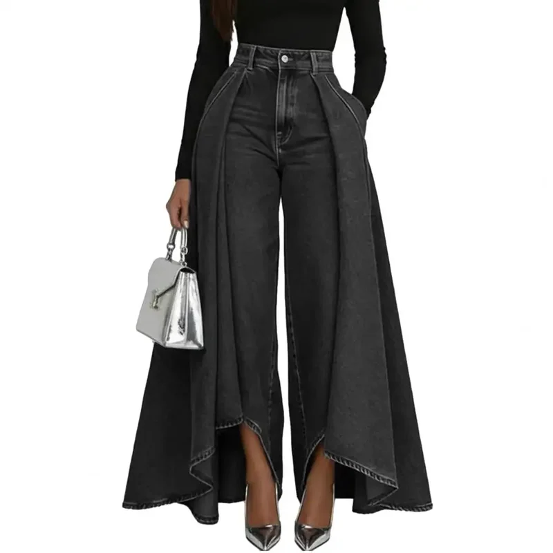 AliExpress - Damen High-Waist Casual Weite Jeans mit Überlappung und Taschen, Elegante Modische Baggy Jeans im High-Street-Stil