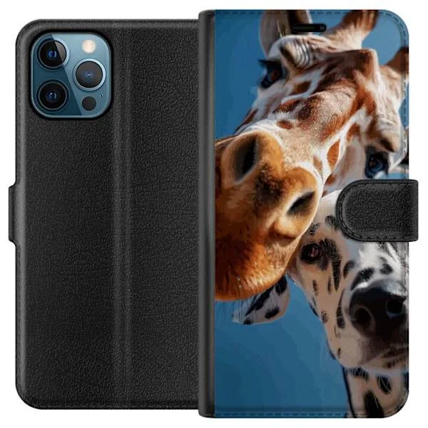 Kompatibelt Plånboksfodral till Apple iPhone 12 Pro Max Lekfull närbild med giraff och dalmatiner mot klarblå himmel